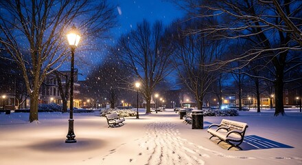 Illuminated winter night park landscape showcasing serene snowfall and footprints in the snow