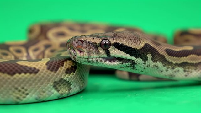 Close-up of a brown and green patterned snake against a vibrant green background, showcasing its scales and watchful eyes