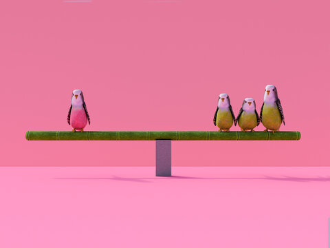 Symbolic 3D rendering of budgerigars balancing on bamboo with humor