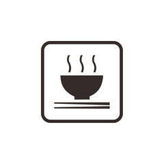 Simple icon depicting a steaming bowl of food atop chopsticks, within a square frame.