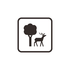 A simple icon depicting a deer standing near a tree within a square frame.
