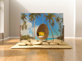 3d rendering of indoor tropical relaxation corner with beach scenery