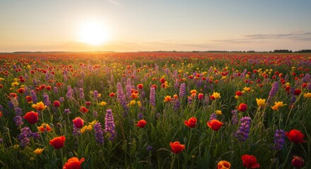 Vibrant Wildflower Field at Sunset