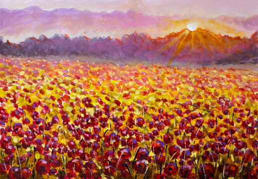 Poppy field painting at sunset with mountains in background