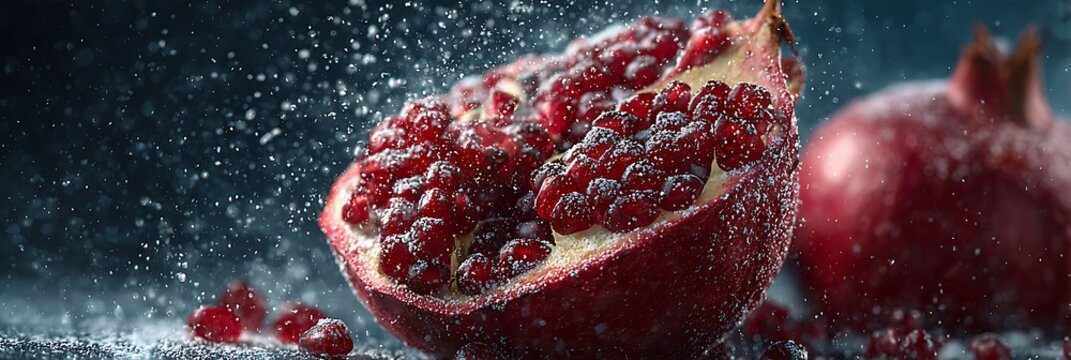 Vibrant half-cut pomegranate fruit with red seeds, water droplets, and whole pomegranate
