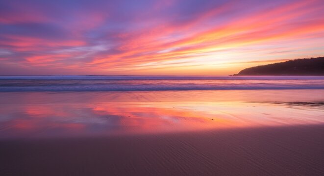 Vibrant Pink And Orange Sunset Over Ocean Beach