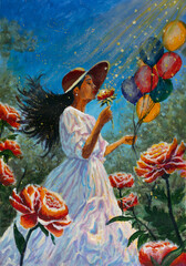 Girl smelling flower and holding balloons in peony garden painting