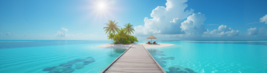 Fototapeta premium beautiful panoramic landscape of the sea and a small island with palm trees with a cozy beach and bungalow, a wooden path leads to it, the concept of summer holidays and travel