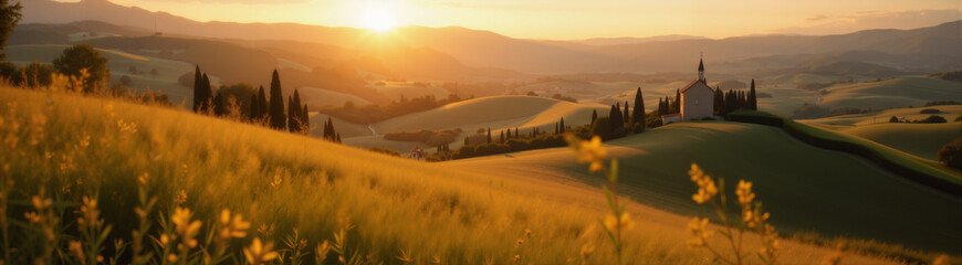 Obraz premium beautiful summer landscape with field and hills in the distance, Old village in Tuscany style from Italy