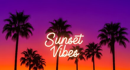 Naklejka premium Tropical sunset vibes with silhouetted palm trees against vibrant orange and purple sky for inspirational design