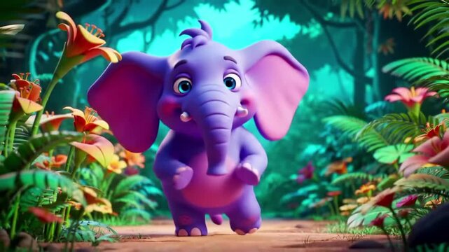 3D cartoon elephant dancing joyfully in a colorful jungle scene, playful 8-second loop animation