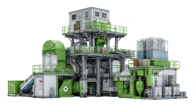 Complex recycling facility with various processing areas, vibrant green accents, and containers
