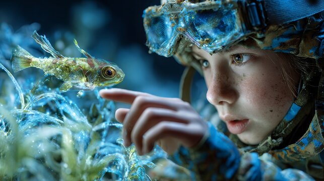 Young explorer captivated by unique underwater creature, showcasing youthful curiosity and marine life discovery in a vivid, ethereal setting with an adventurous spirit displayed