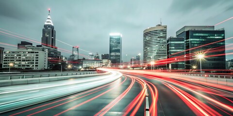 Fototapeta premium Cityscape at Dusk Featuring Streaking Light Trails from Moving Vehicles on a Highway