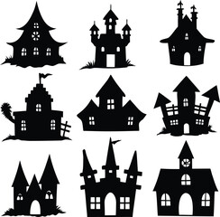 Collection of Spooky Halloween Haunted House Silhouettes for Decoration