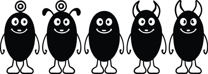 Five black cartoon monsters with big eyes and smiles, some with horns or antennae