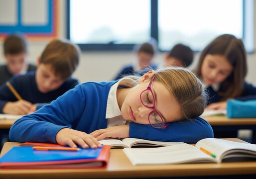 A tired schoolgirl is sleeping on her desk in the classroom during a lesson with other students in the background