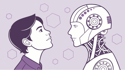 Boy and Robot Face to Face Future Technology Concept Illustration.