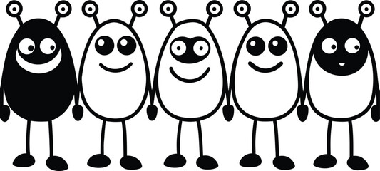 Five cartoon aliens with antennae, big eyes, and smiling faces, black and white