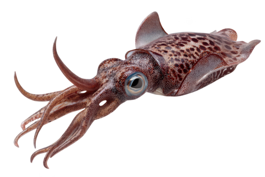 Detailed view of a brown and spotted squid. Eight arms with two tentacles. Large eye