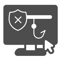 Display of unsecure connection with hook solid icon, data safety concept. Vector graphics. Fraud screen and mouse cursor sign on white background, glyph style icon for mobile or web design.