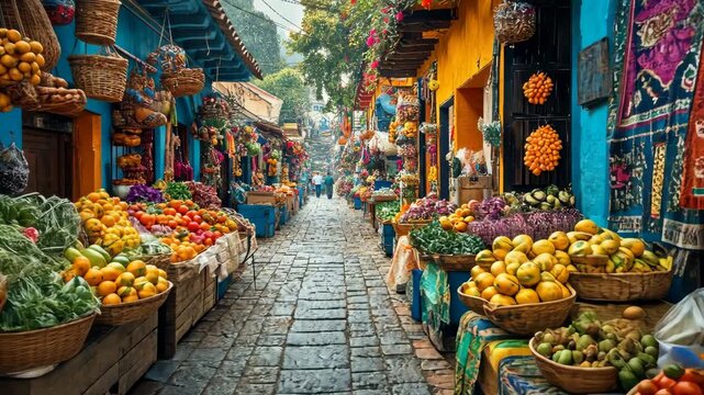 Vibrant outdoor marketplace with colorful fruit stalls and artisan textiles