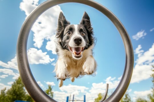 Energetic border collie jumping through hoop in sunny park - Powered by Adobe