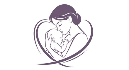 Illustration of a mother holding her baby with love and care, forming a heart shape, isolated on white background