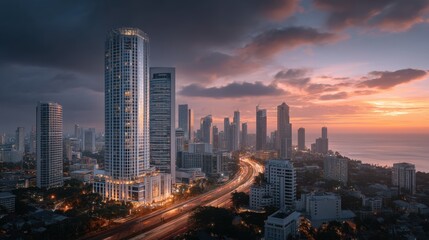 Fototapeta premium Aerial drone cityscape at golden hour modern urban view