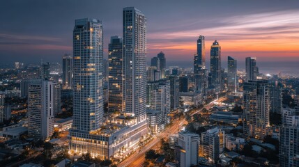 Fototapeta premium Aerial drone cityscape at golden hour modern urban view