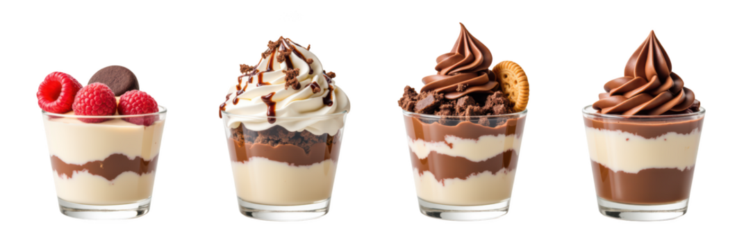 Delicious dessert cups featuring layers of creamy chocolate and vanilla, topped with raspberries, chocolate curls, and cookies, perfect