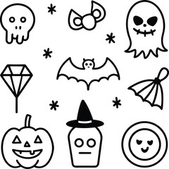 Spooky Halloween Icons: Ghost, Bat, Pumpkin, Skull, Diamond, and Witch