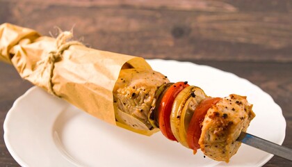 Flavorful chicken skewers, wrapped in parchment paper, are presented on a white plate.