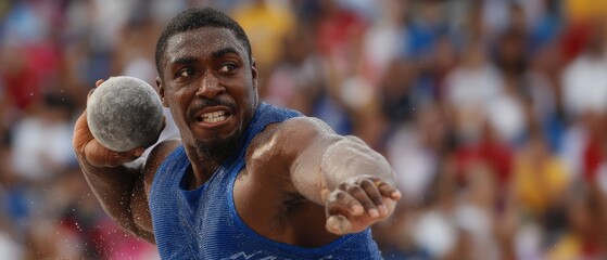 Athlete in blue shirt executes powerful shot put throw during competition, showcasing strength and precision. Concept of athletic prowess and competitive spirit.