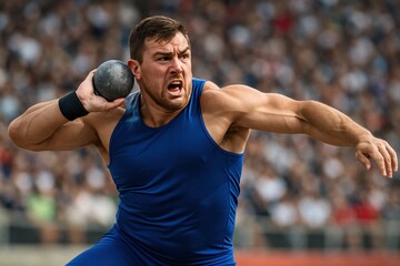 Determined athlete prepares intensely for a powerful shot put throw during a high-stakes competition, concept of sportsmanship and strength.