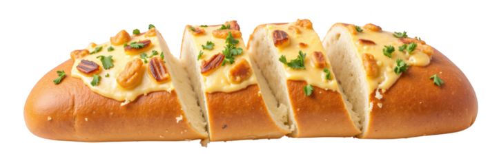 Creamy cheese bread topped with herbs and nuts, sliced for serving. Perfect for appetizers or snacks, this dish is both savory and delicious