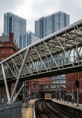 Modern Cityscape with Train and Footbridge.