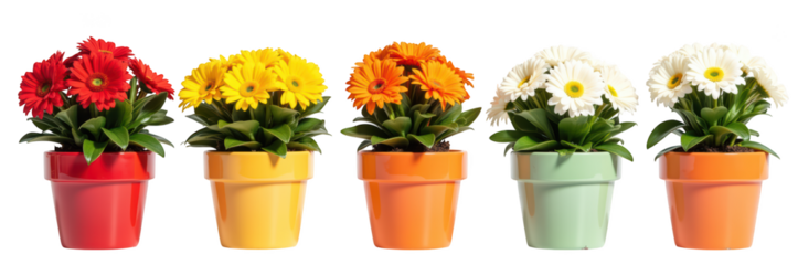 Bright and colorful flower pots with vibrant blooms in red, yellow, orange, and white create cheerful display