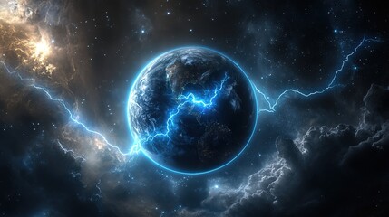 Earth Under Cosmic Starry Sky, Lightning and Nebula Interweaving, Sci - Fi Space Scene