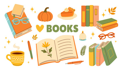 Autumn Reading Illustration with Books, Coffee, Pumpkin, and Cozy Seasonal Elements