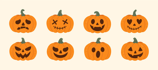 Set of Jack o Lantern Illustrations with Colorful Carved Faces for Halloween and Autumn