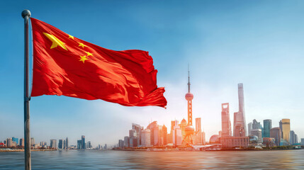 China flag waving proudly against a vibrant skyline on Independence Day and Flag Day