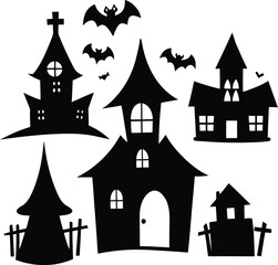Spooky Halloween Silhouettes: Haunted Houses and Flying Bats