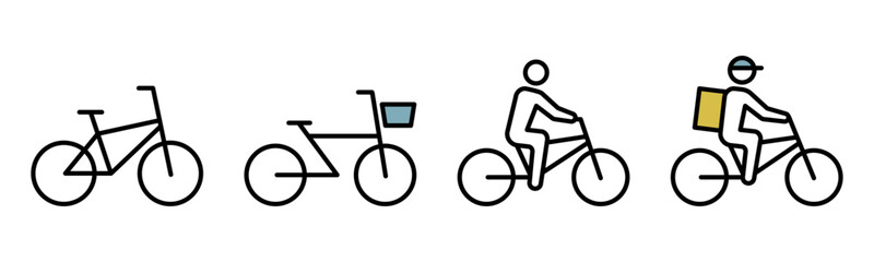 Obraz premium Bicycle line icon set – Includes cycling, food delivery, fitness and sport. Editable stroke. Colored vector illustration.