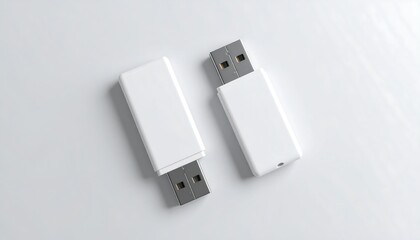 Pair of clean white USB flash drives on a simple background