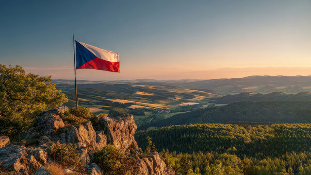 Czech Republic flag waving proudly against a scenic landscape during Independence Day celebrations