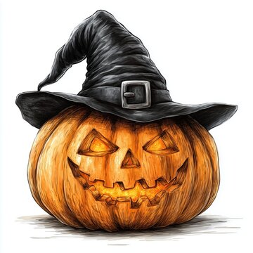 An evil pumpkin wearing a witch's hat on a white background. Halloween