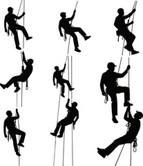 Create a kinds of deferent man mountain climb rope vector art silhouette with white background.