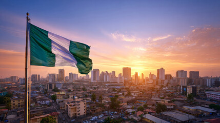 Nigeria flag waves proudly during Independence Day celebration with cityscape at sunset