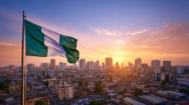 Nigeria flag waves proudly during Independence Day celebration with cityscape at sunset